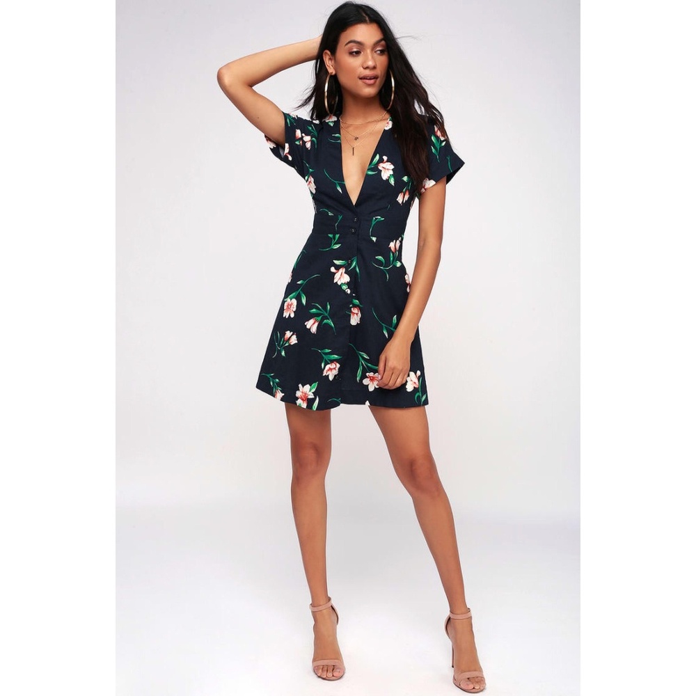 Brisa Navy Blue Floral Print Button-Up Dress